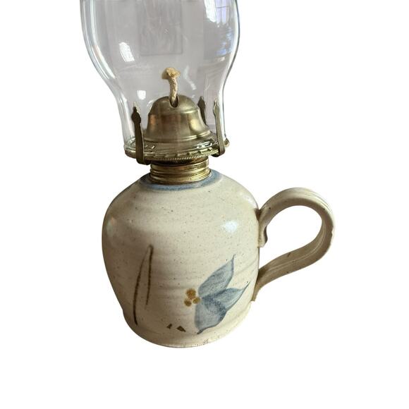 Studio hurricane lamp Art Pottery Oil Lamp Handle Blue Grey Signed St Jacobs - Picture 2 of 5